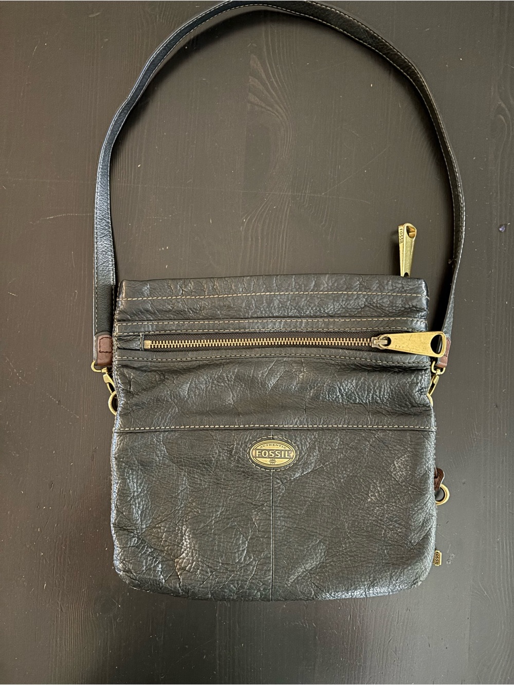 Fossil Black Leather Messenger Crossbody with Brass Accents